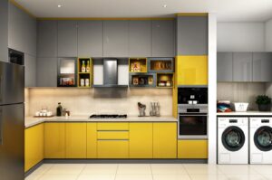 Modern kitchen with yellow lower cabinets and grey upper cabinets